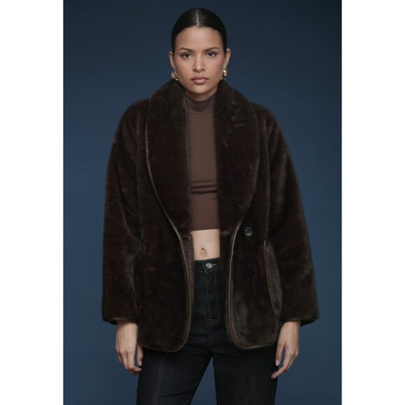New Avec Les Filles Belted Faux Fur Shawl Collar Coat Espresso Small $188 - Picture 3 of 6